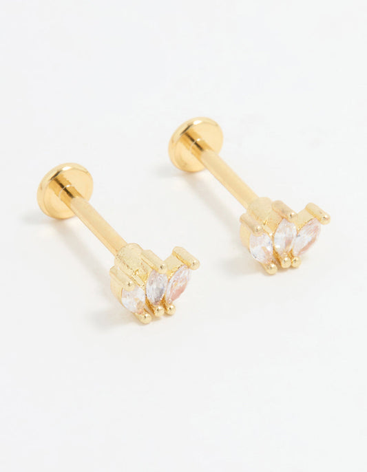 Gold Plated Surgical Steel Cubic Zirconia Marquise Flat Back Pair