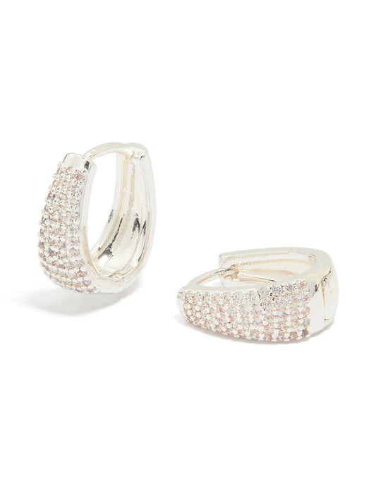 Silver Plated Cubic Zirconia Pave Classic Hoop Earrings