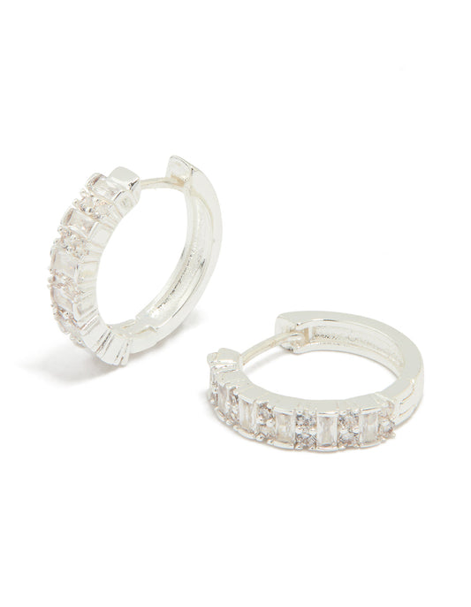 Silver-plated diamond rectangular pavé hoop earrings